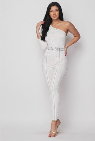 Sexy White Lace-Up Front Rhinestone Jumpsuit