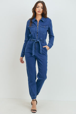 Blue/Green Tie Front Drawstring Jumpsuit