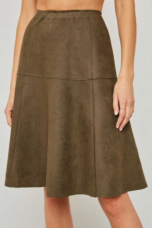 Olive Faux Suede Flare Midi Skirt - skirt