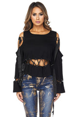 Strap Me Up Cold Shoulder Peek A Boo Strappy Top - TOP