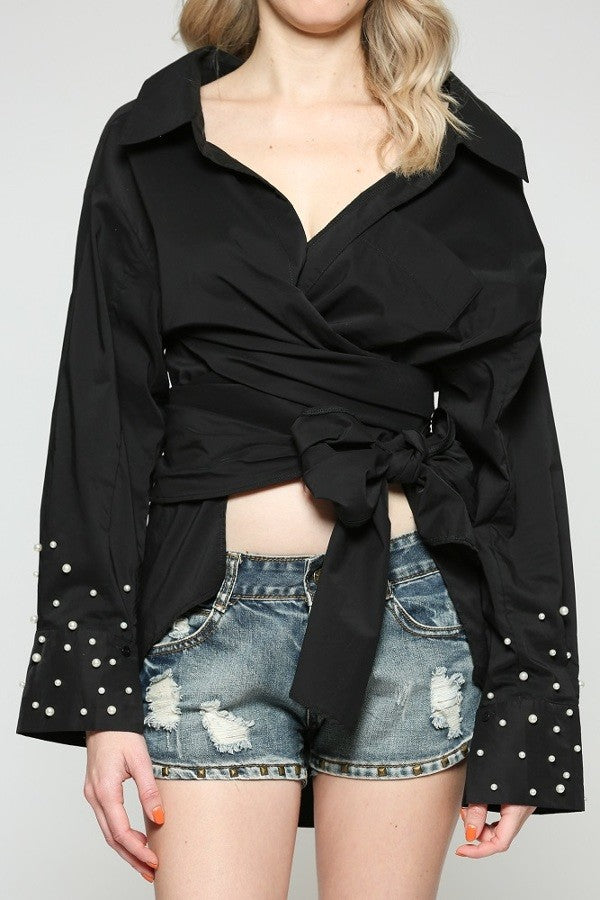 Black Wrap Tie Blouse Top with Pearl Cuffs - TOP