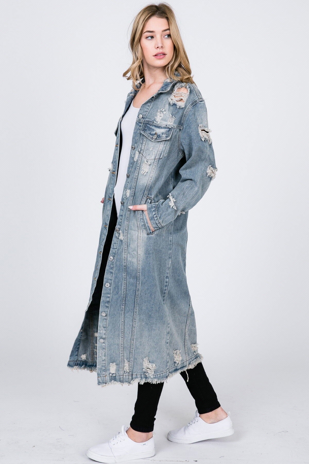 Out And About Maxi Distressed Denim Coat - jacket