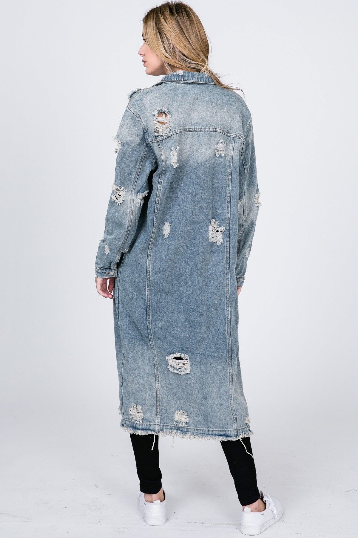 Out And About Maxi Distressed Denim Coat - jacket