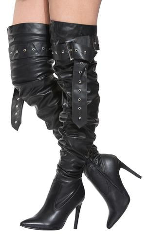 Barbie Bad A$$ Black Thigh High Buckle Up Stiletto Boots - boots