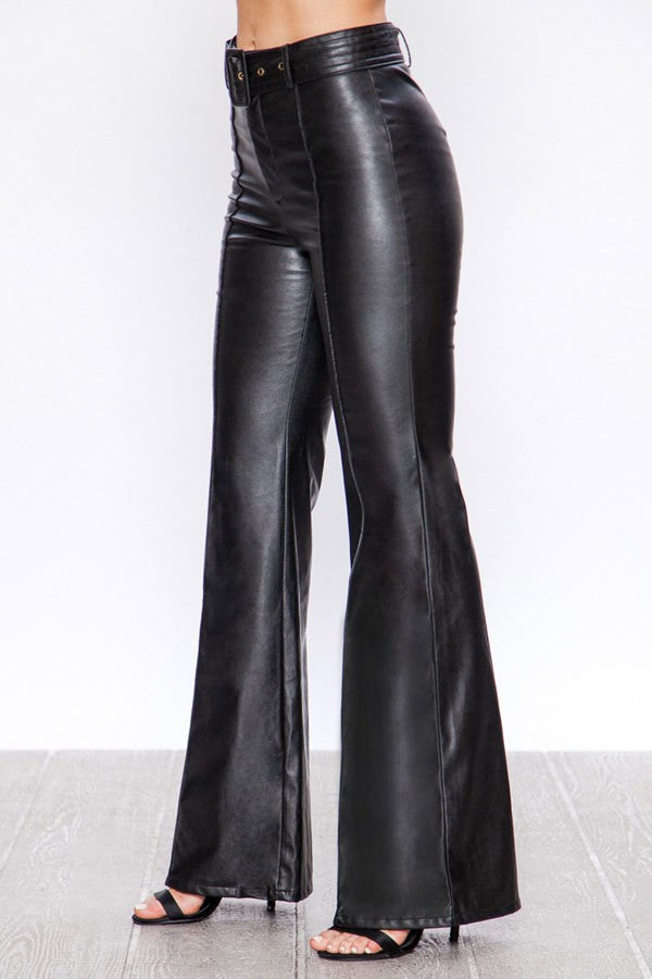 Retro Belted Wide Leg Bell Bottom Faux Leather Pants