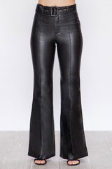 Retro Belted Wide Leg Bell Bottom Faux Leather Pants