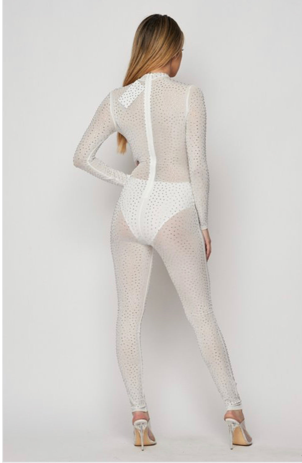 Sexy White Lace-Up Front Rhinestone Jumpsuit