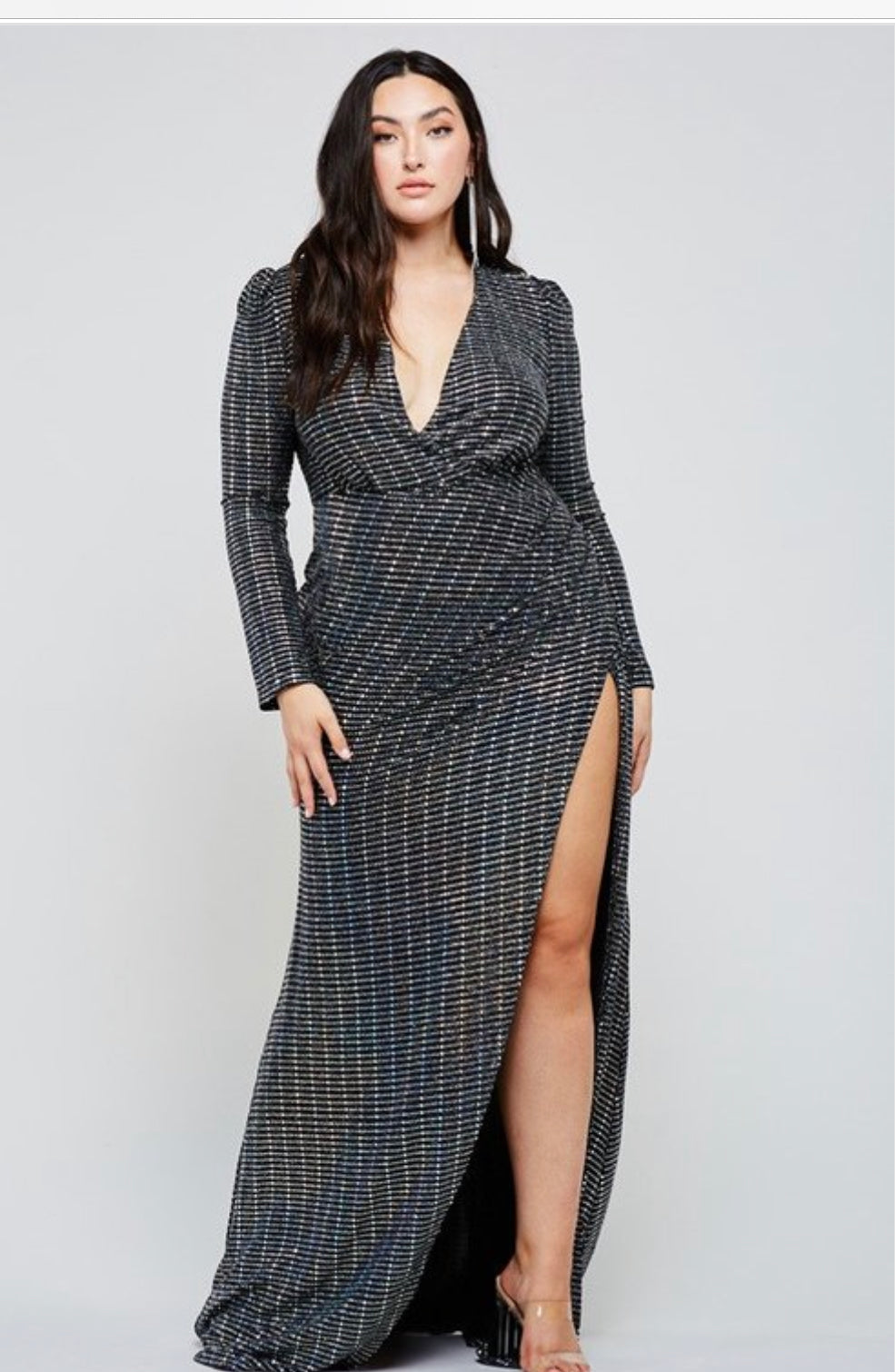 Sexy Holiday Black Hologram Sequin Tile Maxi Dress W/Split - PLUS
