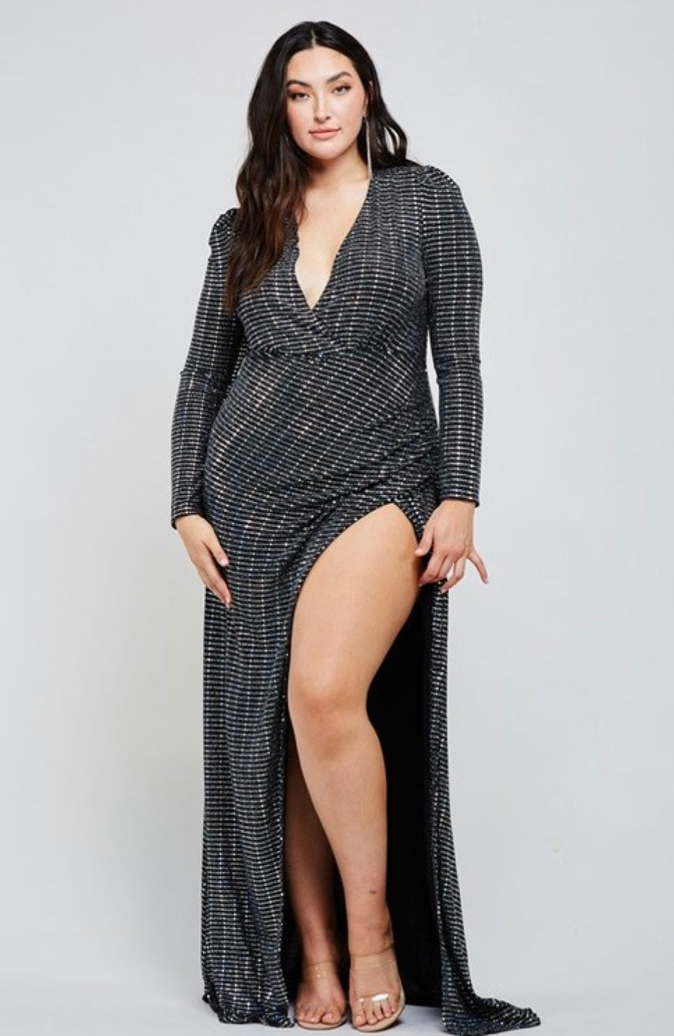 Sexy Holiday Black Hologram Sequin Tile Maxi Dress W/Split - PLUS