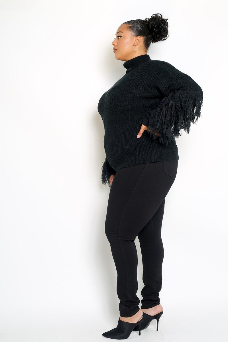 Fancy And Free Black Fringe Sleeve Sweater - PLUS
