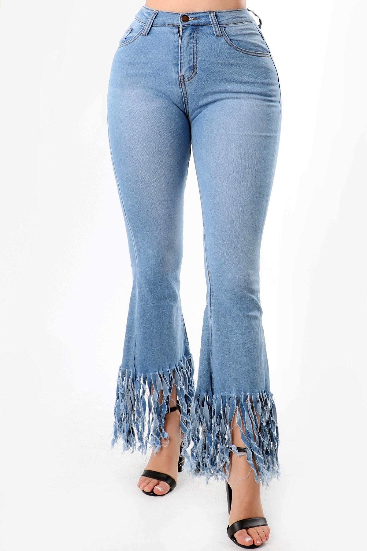 Fancy Fit & Flare Fringe Bell Bottom Jeans –