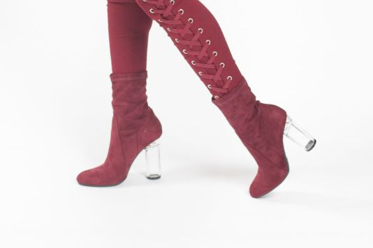 Burgundy Faux Suede Clear Heel Bootie - shoes