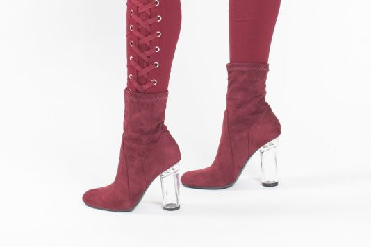 Burgundy Faux Suede Clear Heel Bootie - shoes