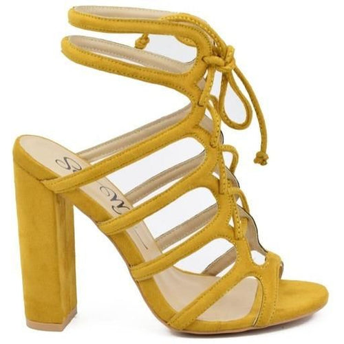 Kris Suede Mustard Lace Up Block Heel Sandals - shoes