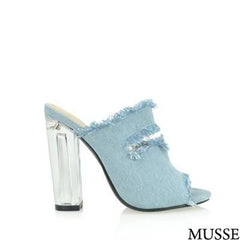 Musse Light Denim Ripped Clear Heel Sandals - shoes