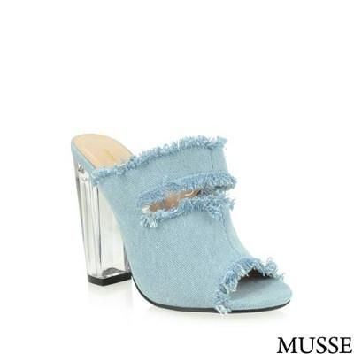 Musse Light Denim Ripped Clear Heel Sandals - shoes